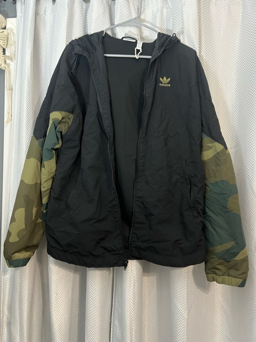 adidas Black Jacket with Camo Sleeves and Hood Size: M